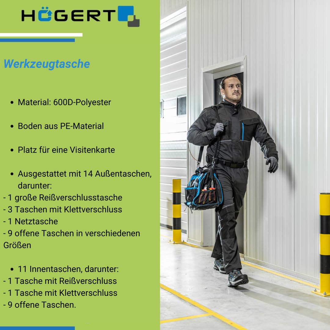 Högert Technik - Torba na narzędzia (50 x 25 x 36 cm) | profesjonalne, wielofunkcyjne, wodoszczelne torby na narzędzia | wykonana z poliestru 600D | spód z materiału PE | z 14 kieszeniami zewnętrznymi