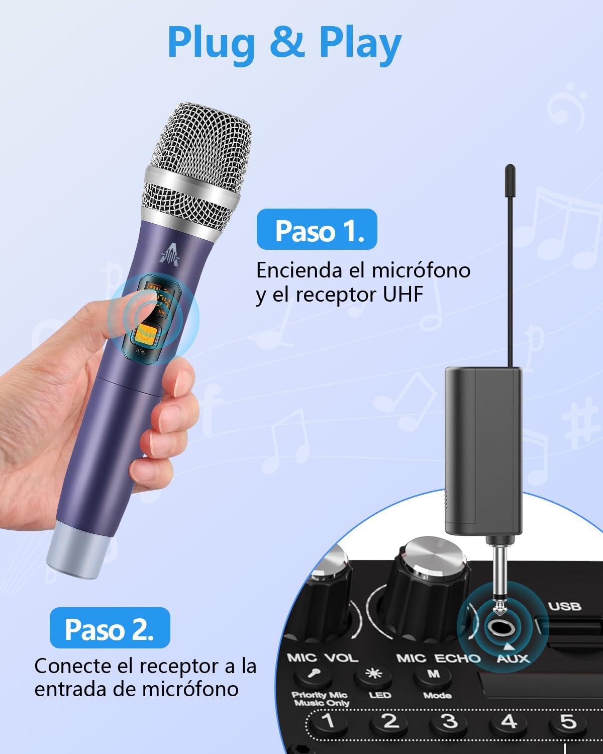 Micrófono inalámbrico, UHF Metal doble de mano inalámbrico sistema de micrófono dinámico con receptor recargable (40H Duración, 200 pies de alcance) para cantar, karaoke, iglesia, discurso, boda