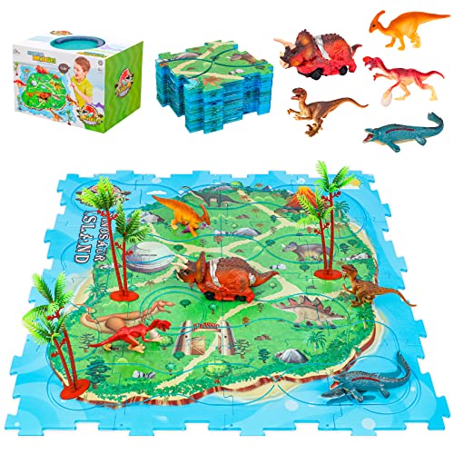 Dinosaurier Puzzle für Kinder, 16 Stück Dinosaurier PuzzleStreckenkarte aus Kunststoff mit 1 Elektromotorautos und 4 Dinosaurierfiguren, Dinosaurier Spielset für Junge & Mädchen ab 3 Jahren Cover