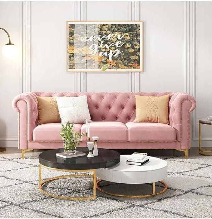 Image of Solid Wood Velvet Fabric L Shape Sofa Sofa for Living Room Button Tufted Sofa Chair for Home & Office (Left Aligned L-Shaped (Pink 3 Seater)