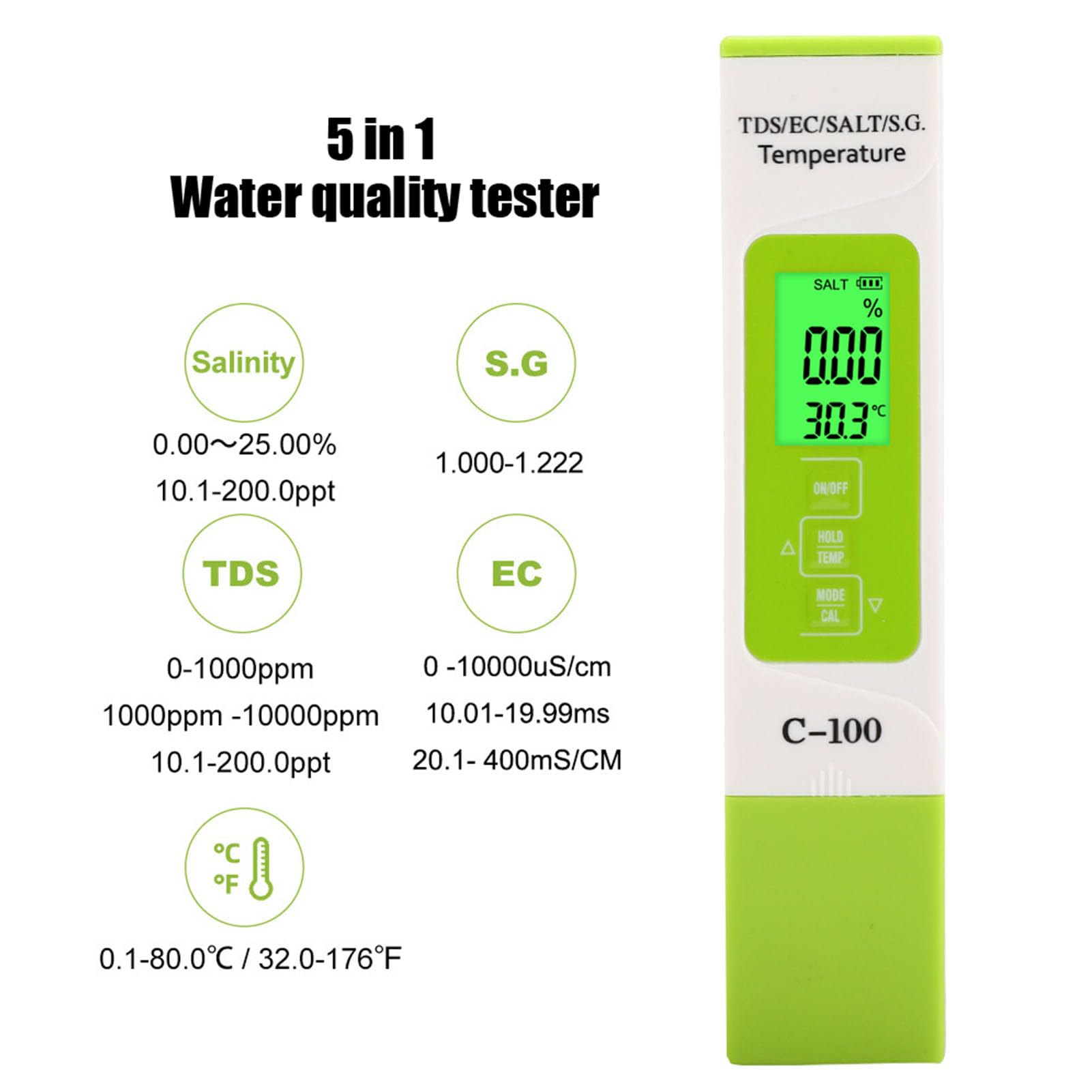LOCADENCE 5 in 1 Water Quality Tester, Salinity TDS EC Seawater Tester Pen, Multifunction TDS Meter for Drinking Water Swimming Pool Aquarium Reverse Osmosis System Spa
