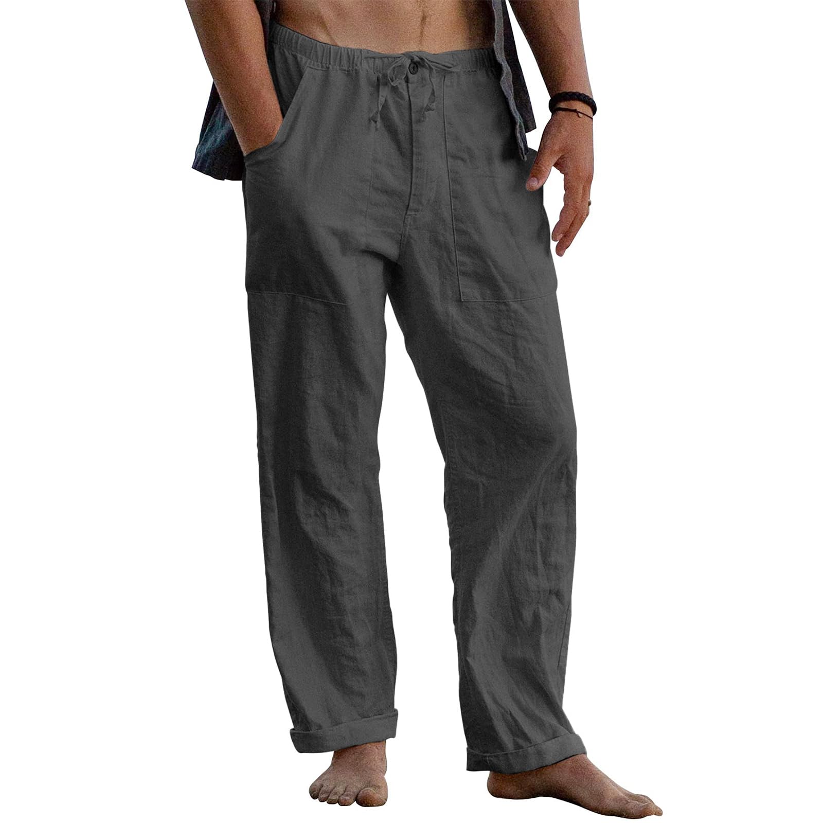 ZARLAN Mens Cotton Linen Pants Breathable Casual Relaxed Fit Summer Beach Lightweight Elastic Waist Trousers