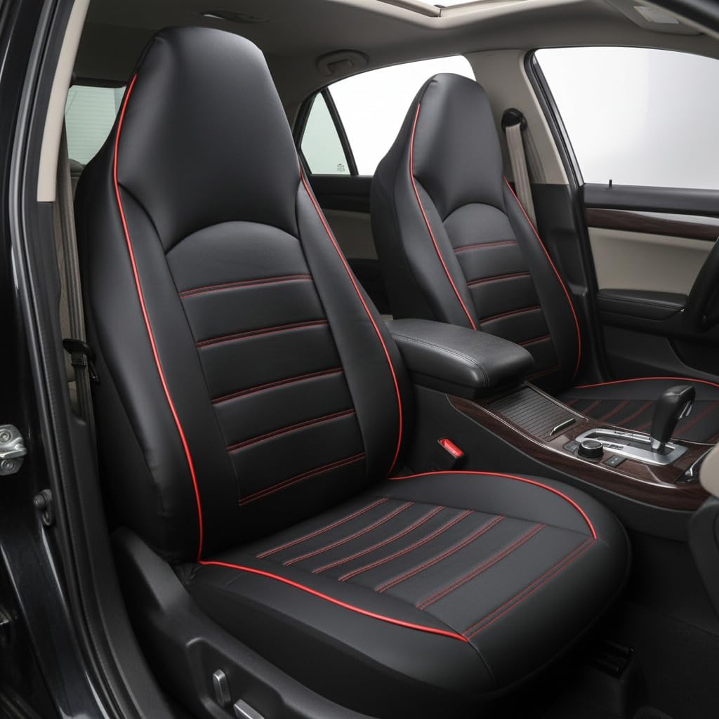 AUTOYOUTH PU Leather Bucket Seat Covers - High Back Front Seat Covers Anti-Slip Waterproof Universal Fit for Jeep/Toyota/SUVs/Vans/Trucks... (Black & Red)