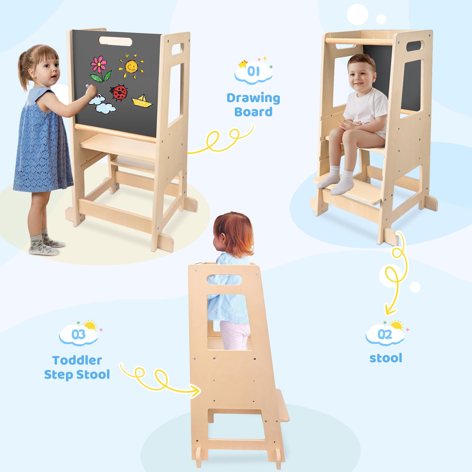 LEADZM Montessori Lernturm - Höhenverstellbarer Küchenhelper Mit Tafel Ab 18 Monaten