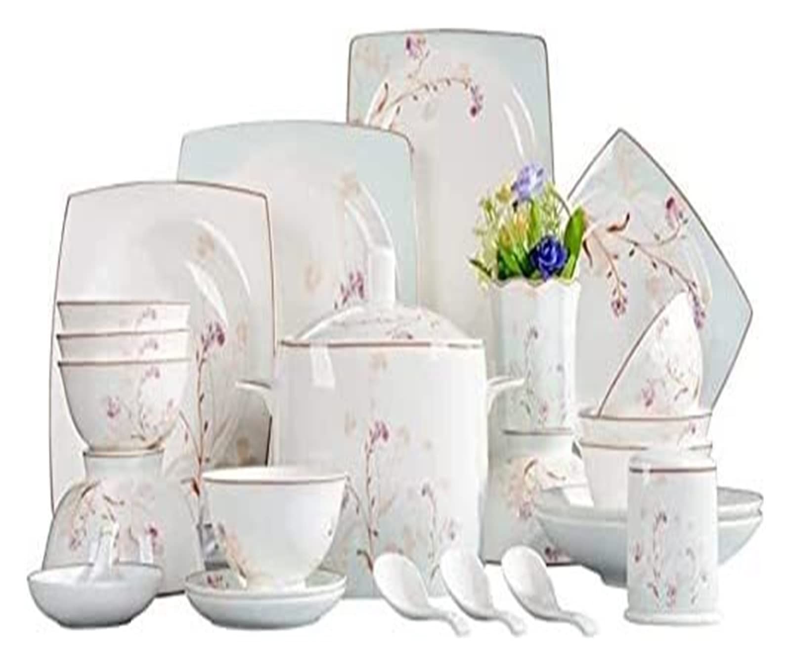 Geschirr-Set, luxuriöses Tafelservice-Set für die ganze Familie, 50-teiliges Porzellan-Geschirr-Set aus hochwertigem Knochenporzellan mit Goldrändern, Speisetellern, Suppentellern, Salattellern, Teet