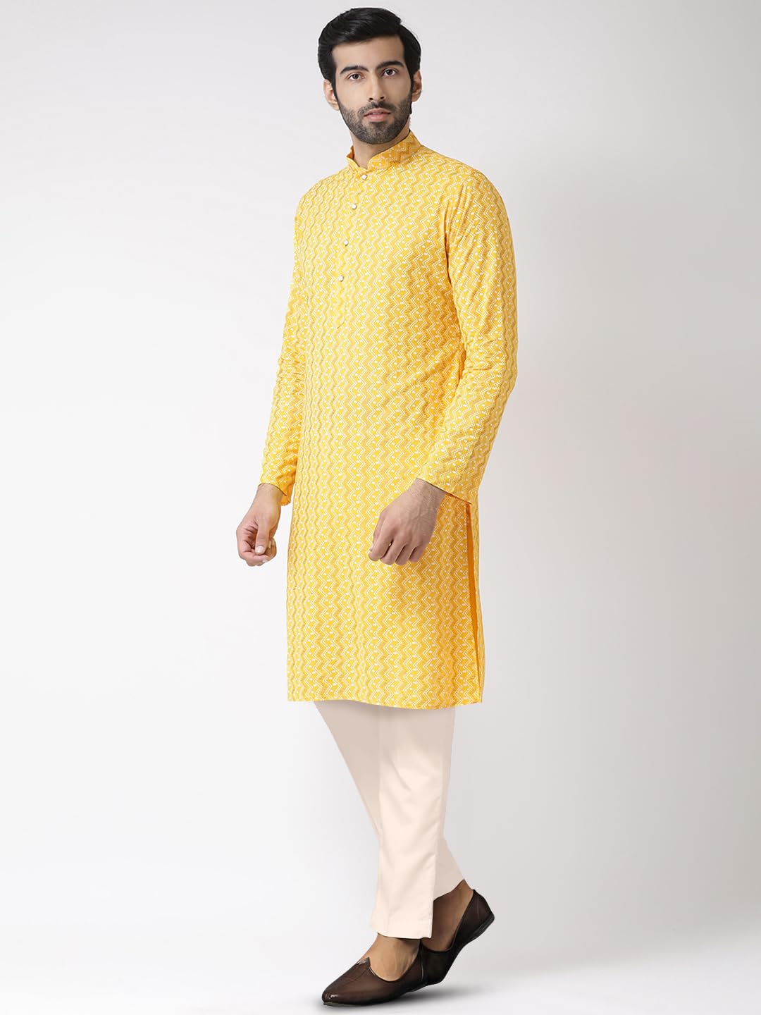 Kisah Men's Cotton Blend Long Sleeves Regular Fit Printed Yellow Kurta Trousers Set (S)