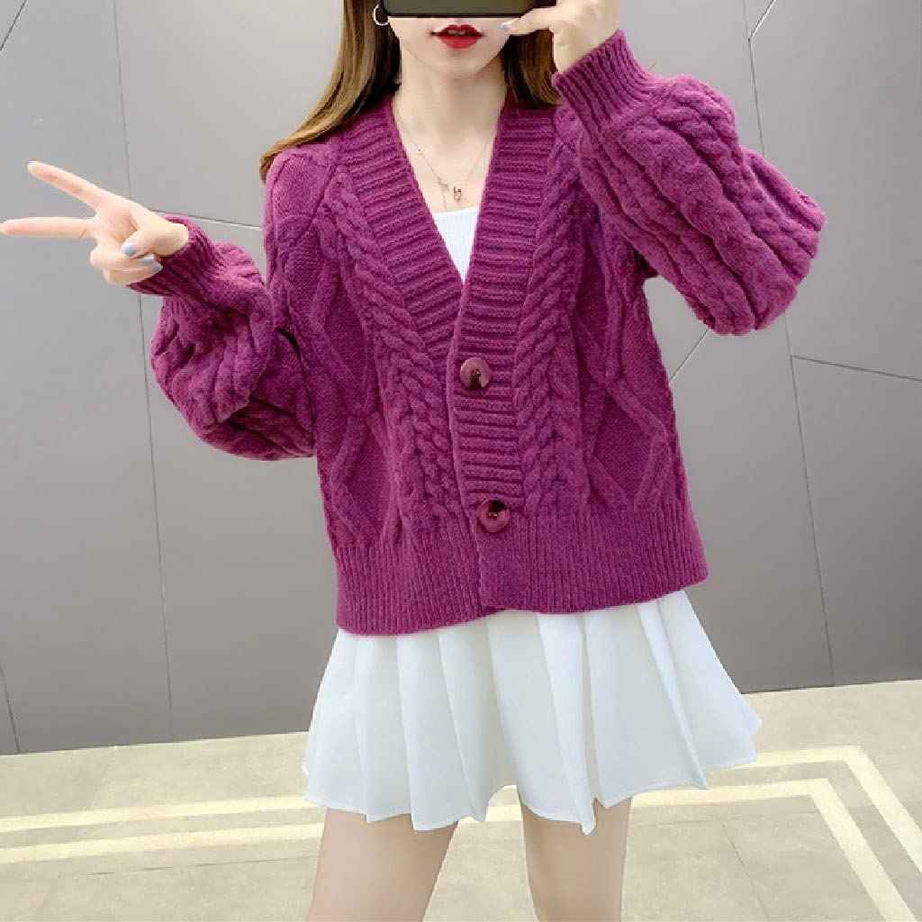 Cárdigan de Punto para Mujer Suéter Corto para Mujer de otoño e Invierno, Chaqueta de suéter para Mujer (Color : Púrpura, Tamaño : Código XL) (Púrpura L)