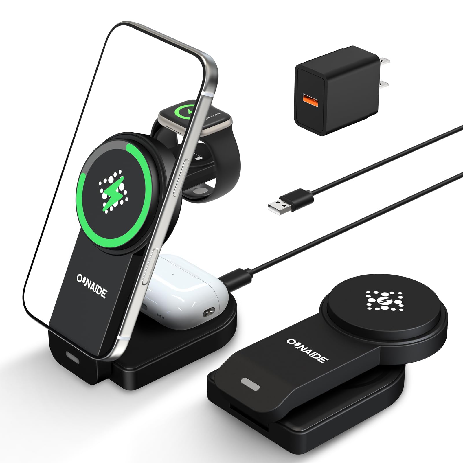 3 in 1 Charging Station for Apple MagSafe Charger, Foldable Wireless Charging Station Magnetic Wireless Charger Stand for iPhone 17 Air/16/15/14/13/12 Series/Apple Watch10-2/Airpods (Black)