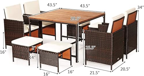 Miniatura 9 de Happygrill Juego de 9 piezas de comedor para patio al aire libre con asiento acolchado mesa de comedor que ahorra espacio con mesa de madera de