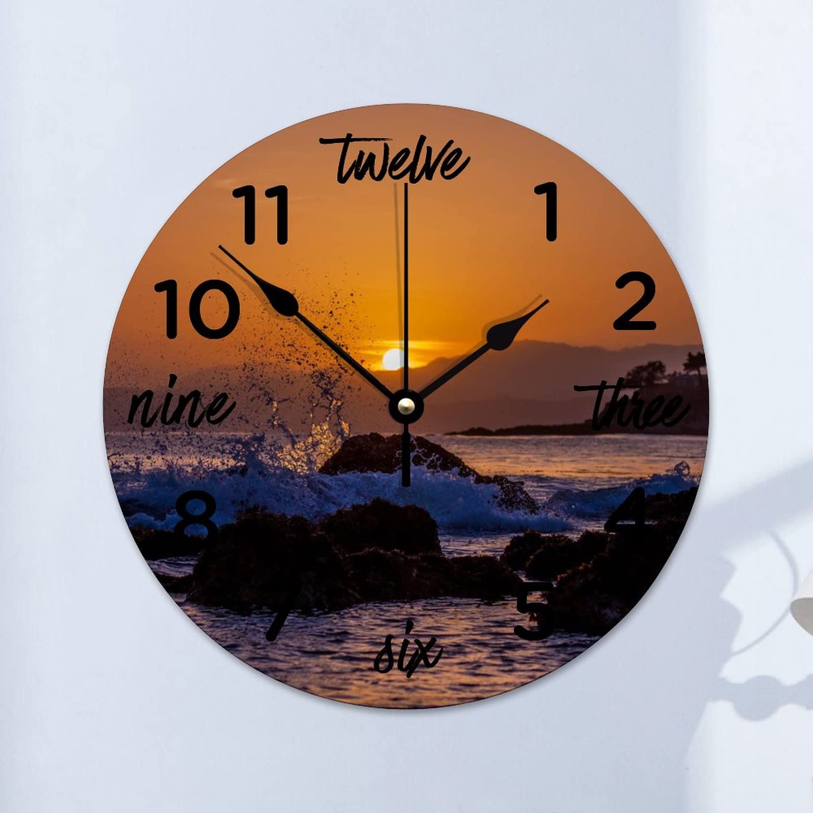 Horloge murale en bois colorée coucher de soleil ronde silencieuse de 38 cm