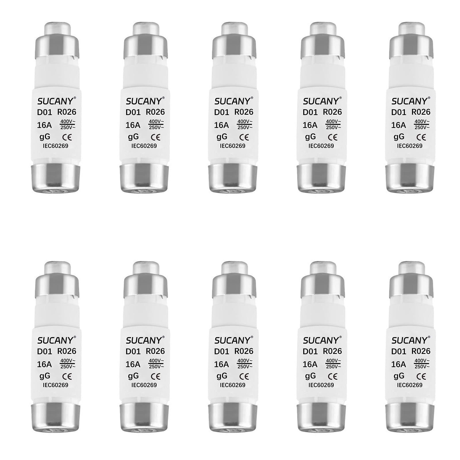 SUCANY Keramische Neozed-Sicherungseinsätze,D01 16A gL/gG 400VAC E14 D0-Typ Sicherungseinsatz,für Kabel und Leitungsschutz (10 Stück).