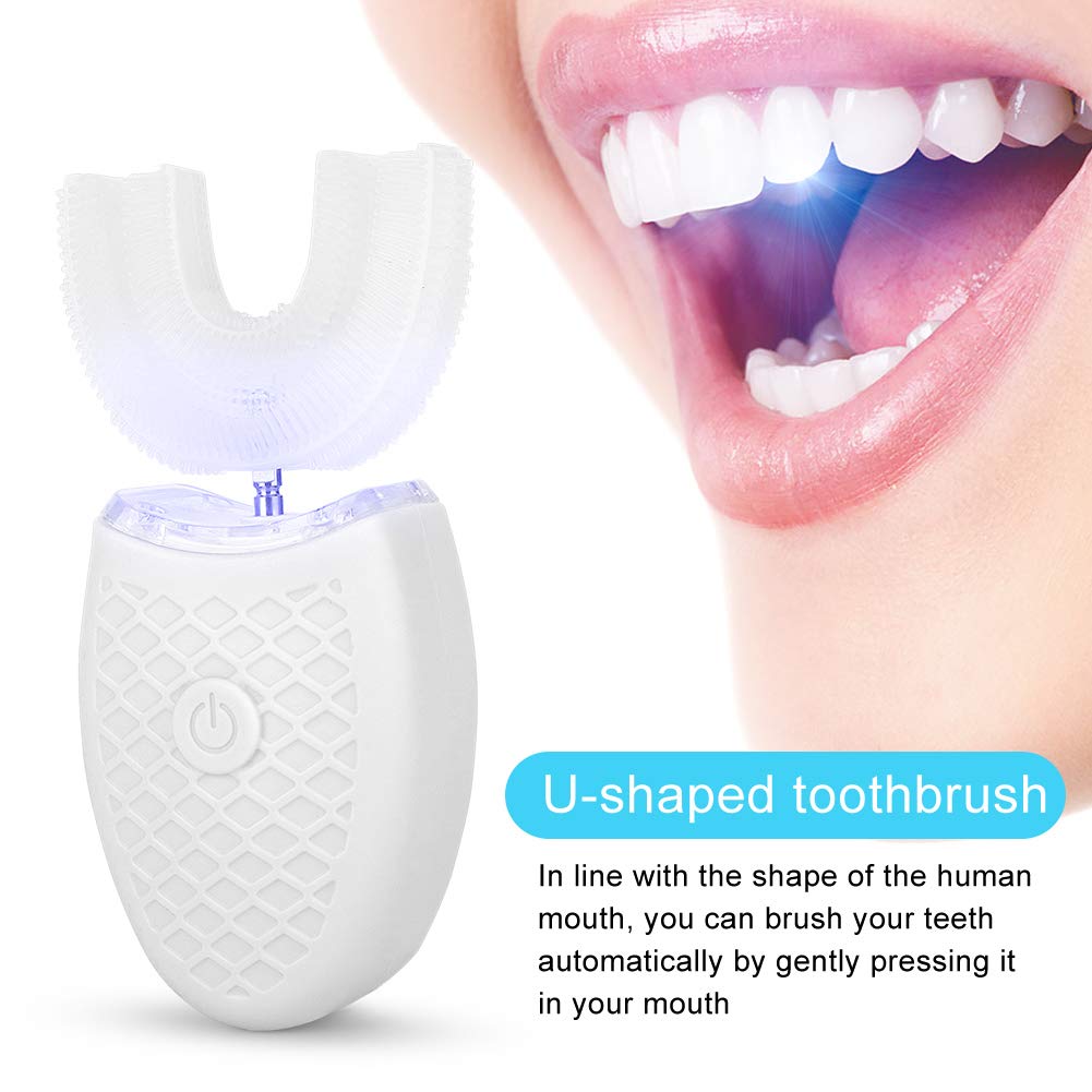 Cepillo de Dientes para Adultos en Forma de U, Cepillo de Dientes Eléctrico Automático con Cepillo de Silicona Limpieza de la Cabeza Cepillo de Dientes Recargable, para Hombres Mujeres Salud(blanco)