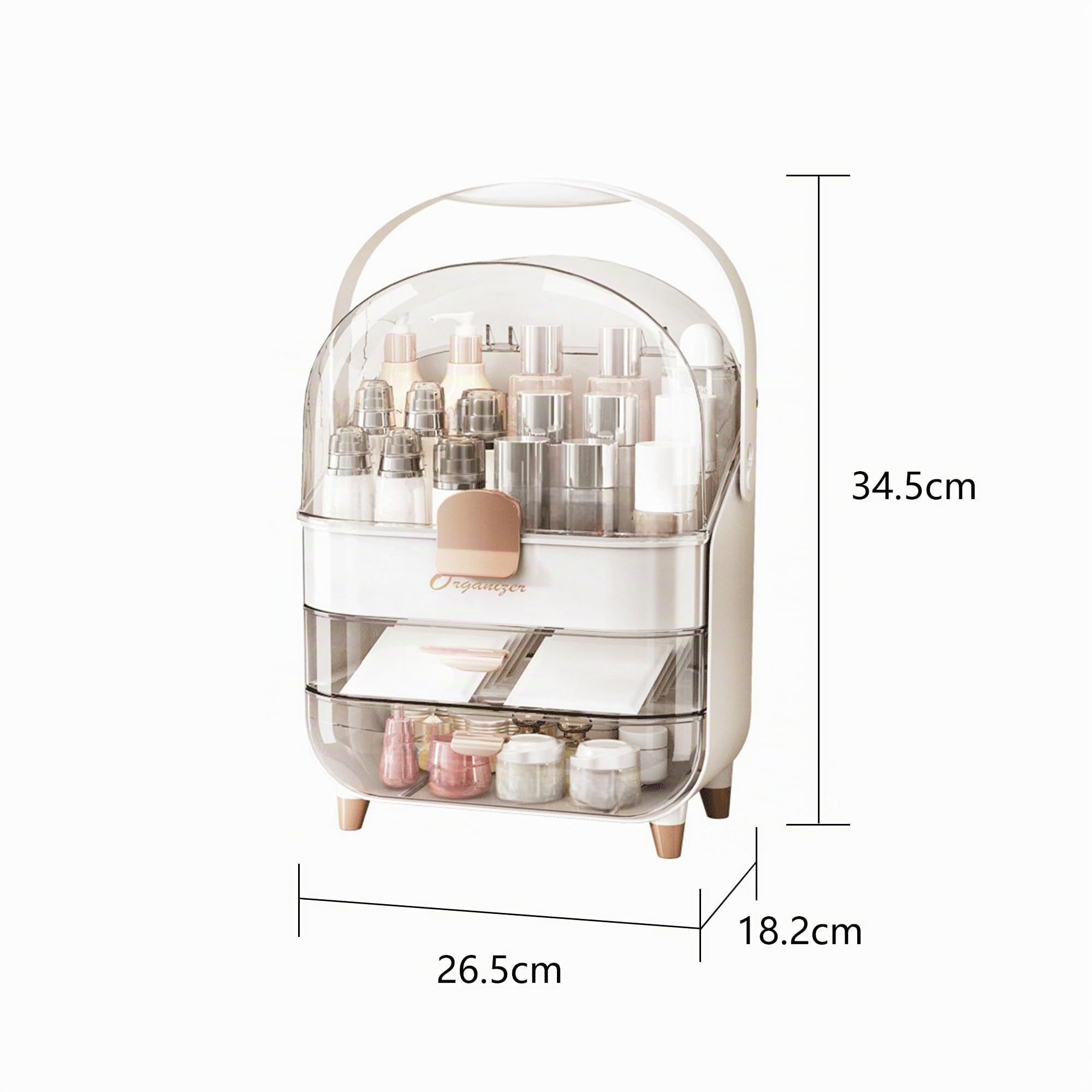 Organizador de Maquillaje Elegante Caja Maquillaje Beauty Organizer con Asa y Tapa Transparente Soporte Almacenamiento Cosmeticos con Cajones Makeup Skincare Expositor de Plástico