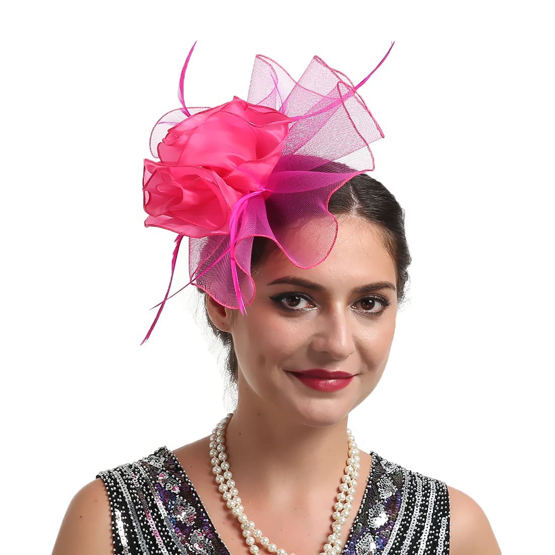 TOPOQ Rose Red Fascinators for Women Wedding Fascinators Tea Party Hat Flapper Pillbox Fascinator Hat Derby Ascot Hat with Headband Hairclips Headdress Headpieces