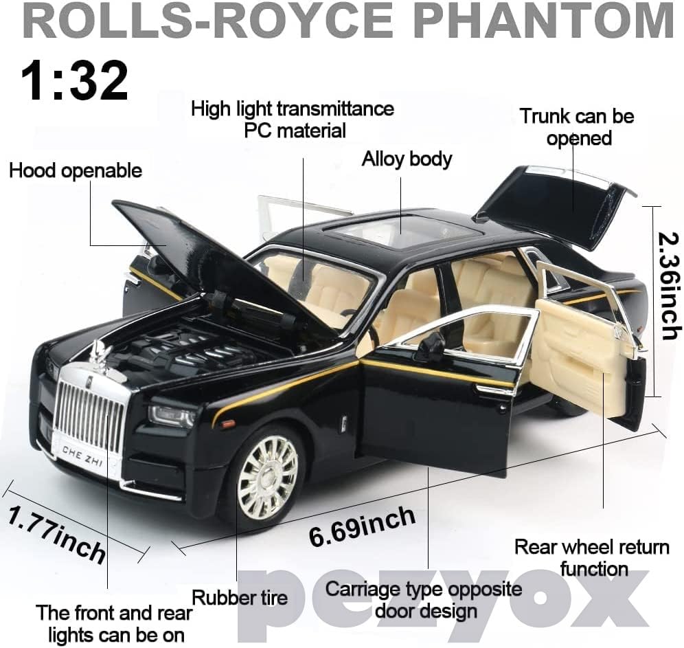 Image of 1:32 Rolls Royce Phantom Diecast Metal Pullback Openable Doors Toy Cars with Flashing Light and Musical Sound for Gifts Toys for Kids Boys and Girls. (Black)