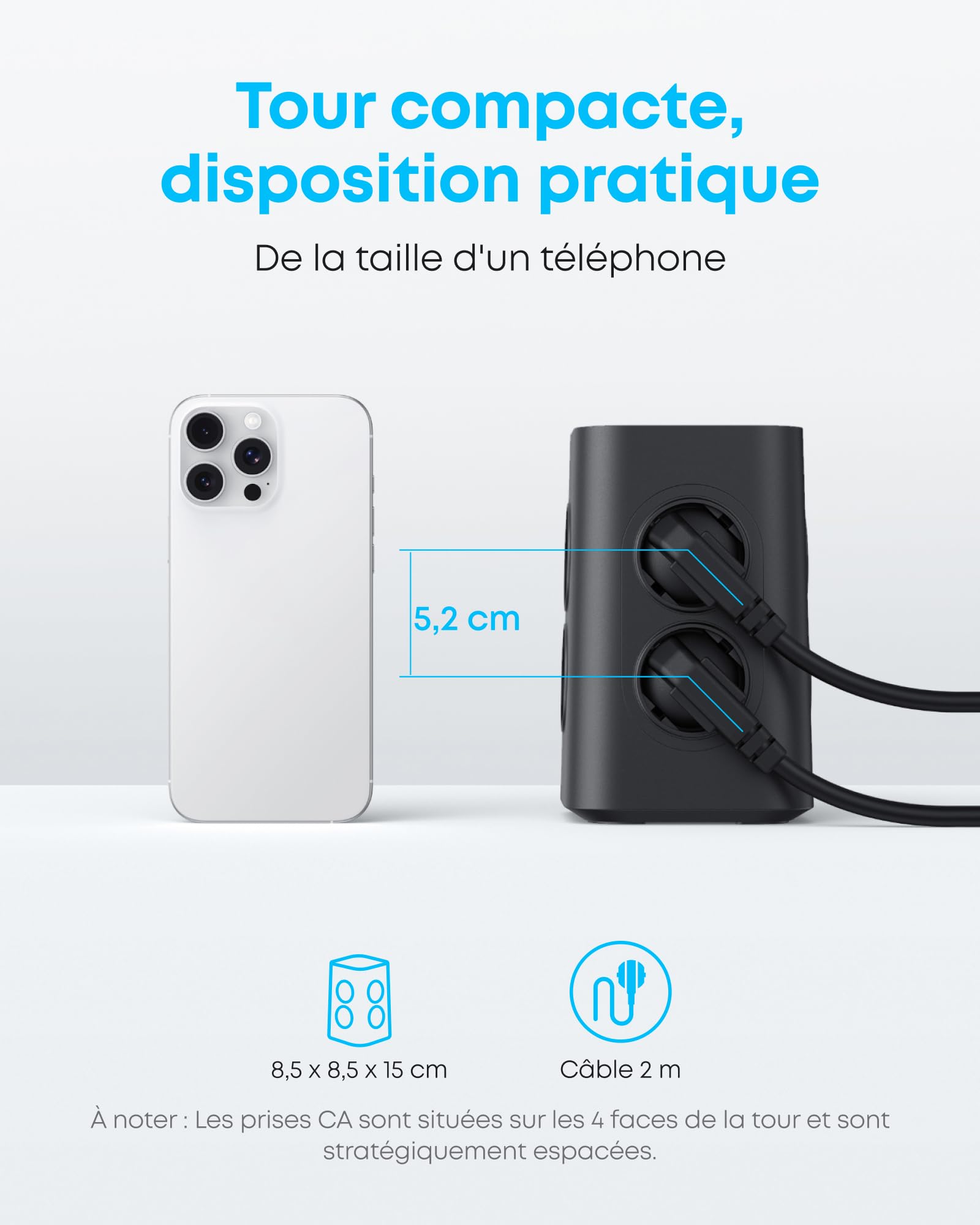 Anker Multiprise avec Interrupteur, Tour de Charge 12 en 1 | Charge USB C Rapide 20W, 8 Prises Ca, 4 Ports USB, Câble d'extension de 2 m, pour le Bureau, la Maison, le Jeu