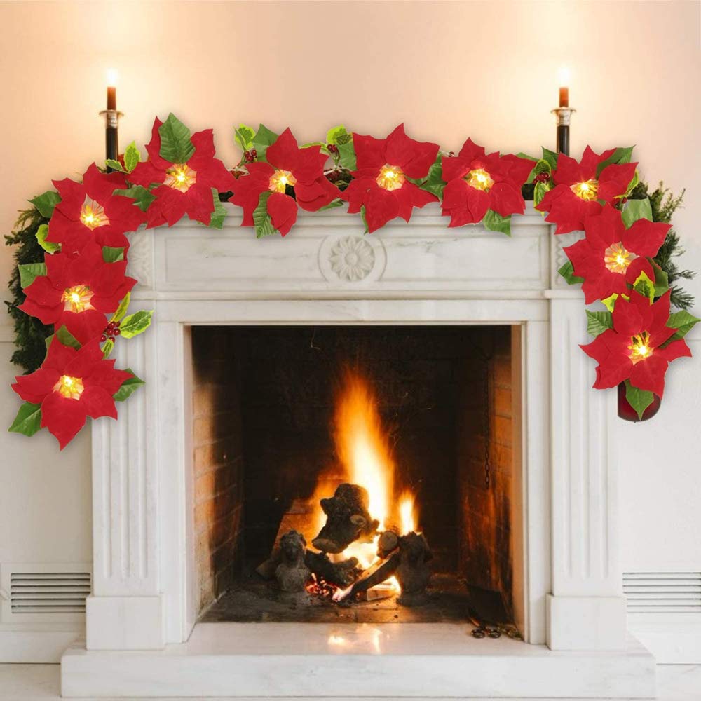 Künstliche Weihnachtsstern Lichtschnur 40LED Rote Beeren Ahornblatt Rebe Fee Girlande Licht Blumenpflanze Weinkranz Lampe Batterie Angetrieben(Rot Poinsettia-LED, 4 Sätze)