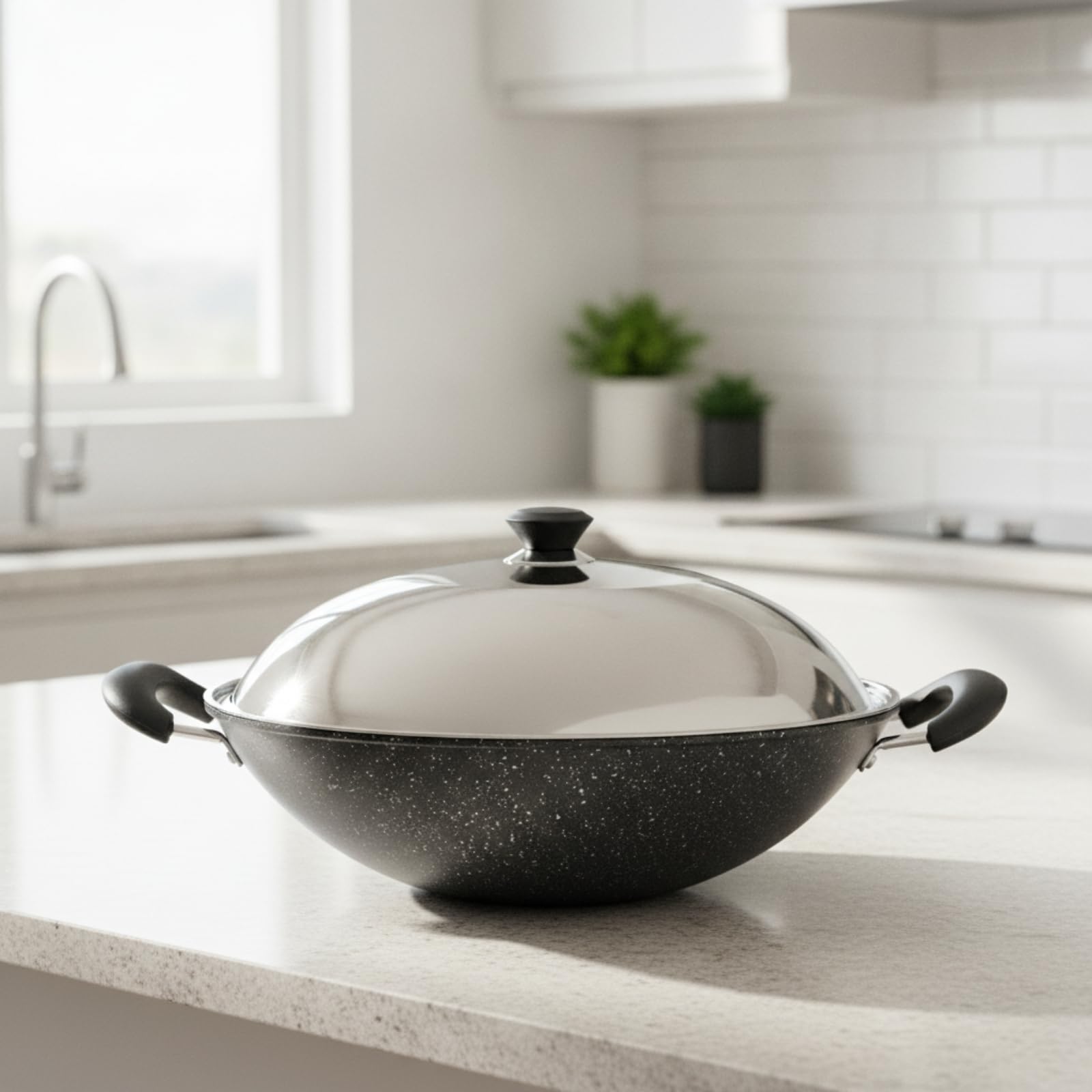 Wok Hierro Fundido con Tapa Uniforme, 46CM Piedra A