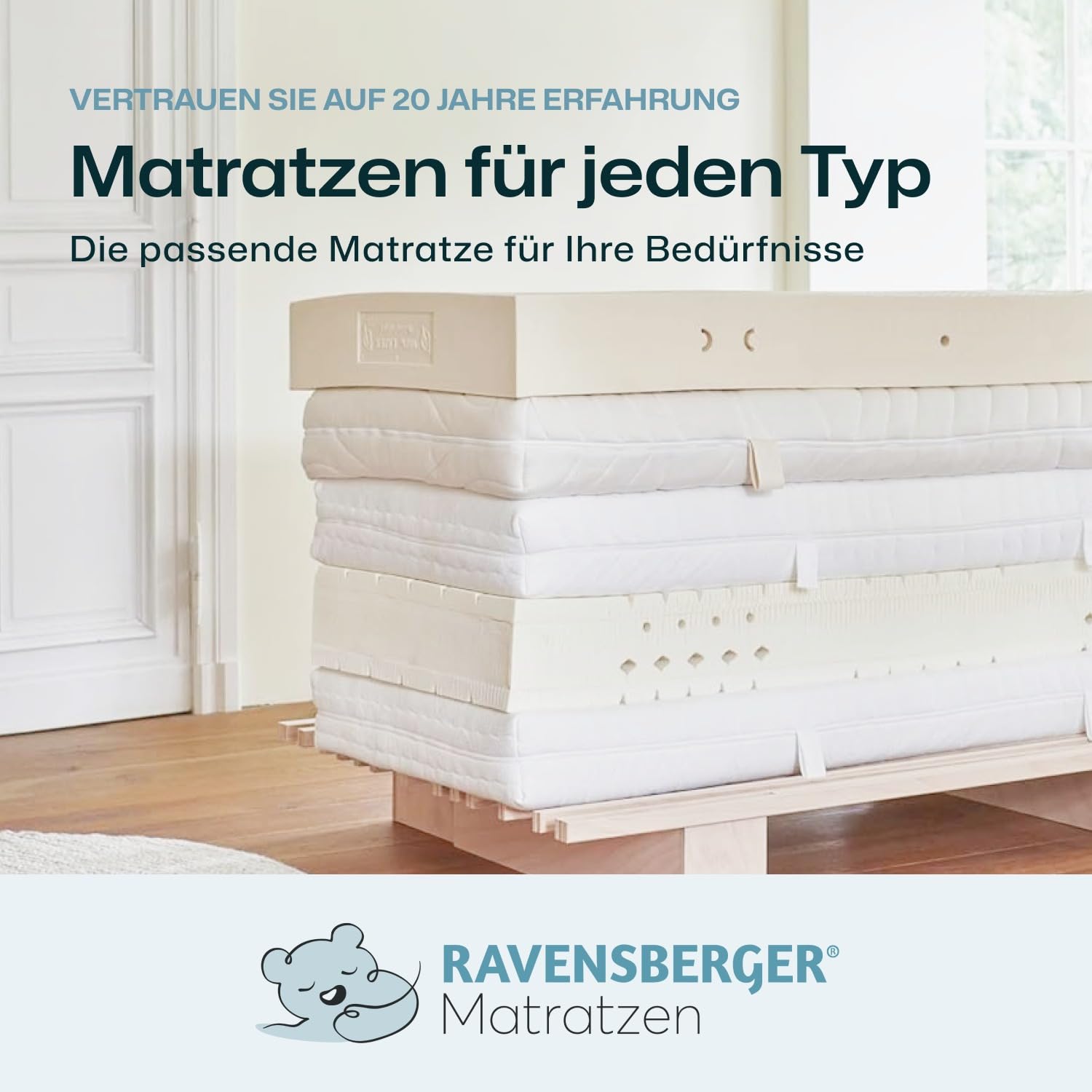 RAVENSBERGER Comfortmatratze Ravo-PUR - Härtegrad H3, mittel - 90 x 200 cm, Höhe 19 cm - ergonomische 7-Zonen Matratze mit Funktions-Bezug, allergikerfreundlich