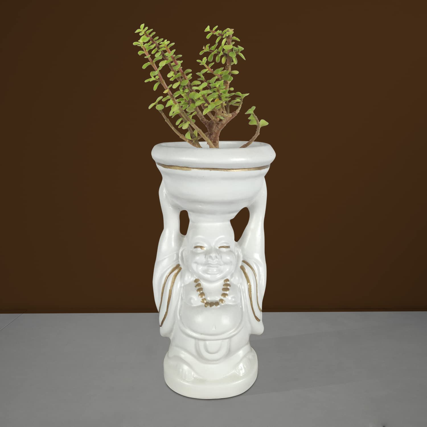 Laughing Buddha Ceramic Planter - White Gold -5 Laughing Buddha Ceramic Planter - White Gold -5