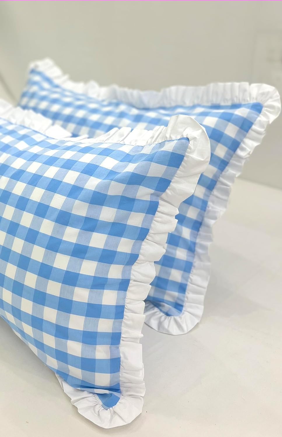 Sleepy Threads Light Blue and White Cotton 220 TC Pillow Cover Reactangle Shape Checkered Pattern with Frills, Ruffles | Ultra Soft Regular Pillow Cases - (27 X 18 Inches) (B0C56YZD7V) Amazon Price History, Amazon Price Tracker