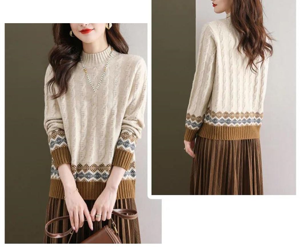 Sweter Damski Z Dzianiny, Pół-Wysoki Kołnierz, Wzór W Romby, Długi Rękaw, Swobodny, Ciepły, Luźny Top-Beige-Medium