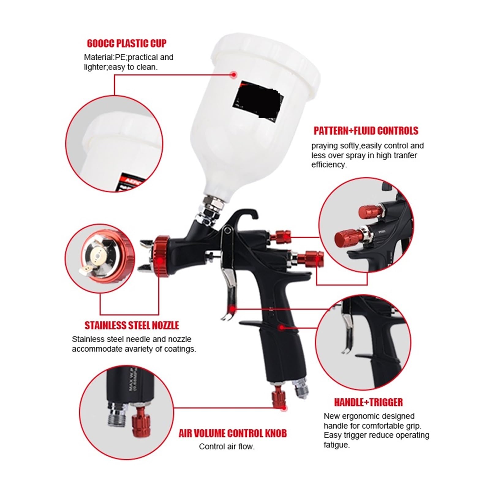Pistolet natryskowy, Pistolet natryskowy Pistolet do lakieru samochodowego R500 Pistolet na sprężone powietrze Wysoka atomizacja Spray samochodowy Dedykowany 1,3 mm, 1,4 mm, 1,5 mm, 1,7 mm, 2,0 mm | 2.0mm gun
