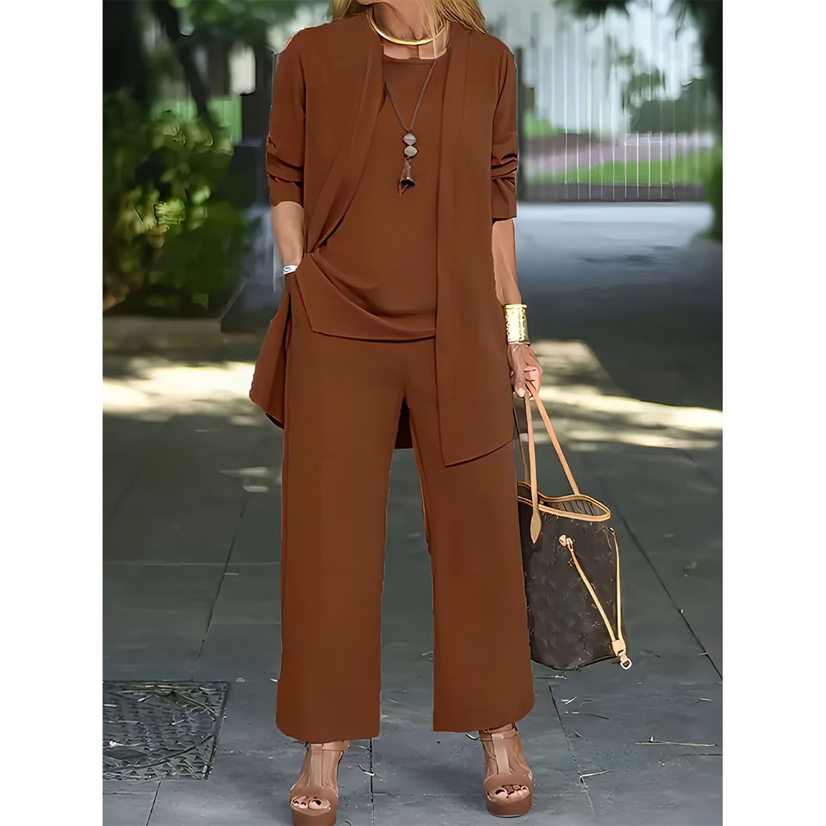Elegante set da 3 pezzi con cardigan lungo e pantaloni, completo da viaggio per invitati a nozze da donna
