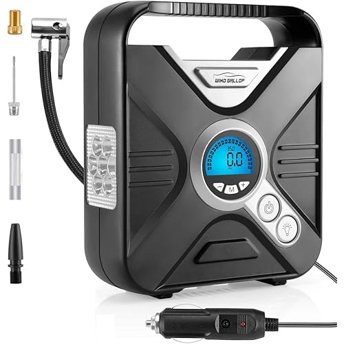 WindGallop Digital Car Tire Inflator Portable Air Compressor for Car Tires 12v Car Air Pump Tire Pump with Pressure Gauge LED Light Valve Adaptors for Bike Automobiles Basketball Pool Toys(Silver)
