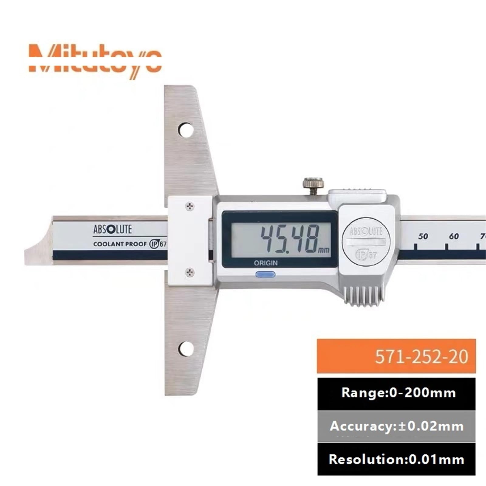 Głębokościomierz Suwmiarka 150/200/300 mm, dokładność 0,01 mm, IP67, stal nierdzewna, numer referencyjny 571-201-30 i 571-251-20 (0-200 mm, IP67)