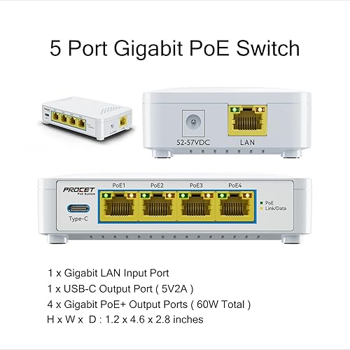 Miniatura 6 de Conmutador PoE Gigabit de 5 puertos con 4 puertos PoE+ y 1 puerto USB-C 5V2A, conmutador Ethernet PoE pequeño de 4 puertos de salida compatible con