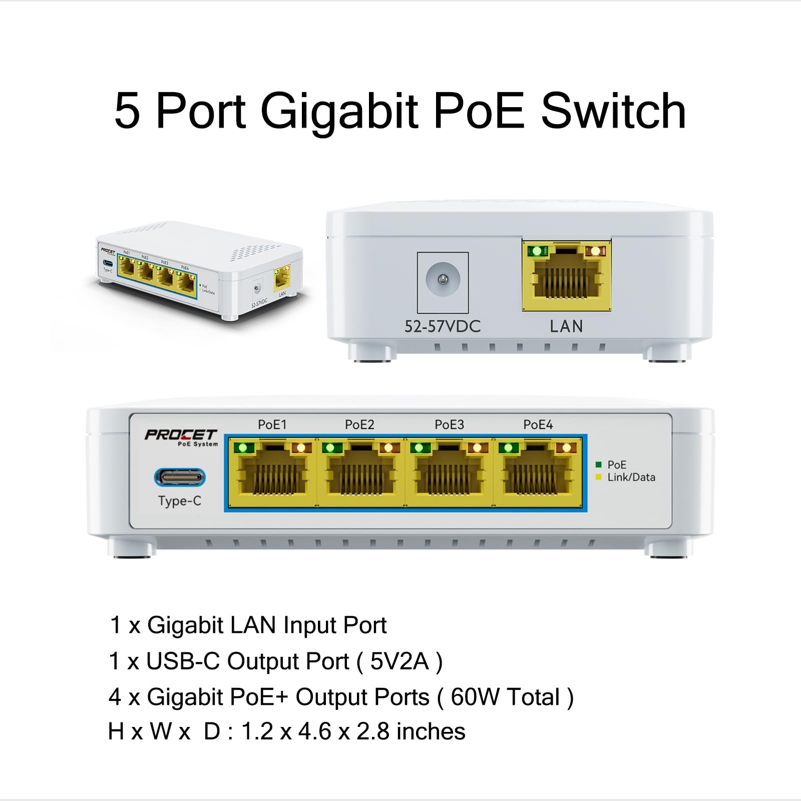 Commutateur PoE 5 ports EN-S4P1C - 4 ports PoE+ et 1 USB-C, commutateur réseau non géré