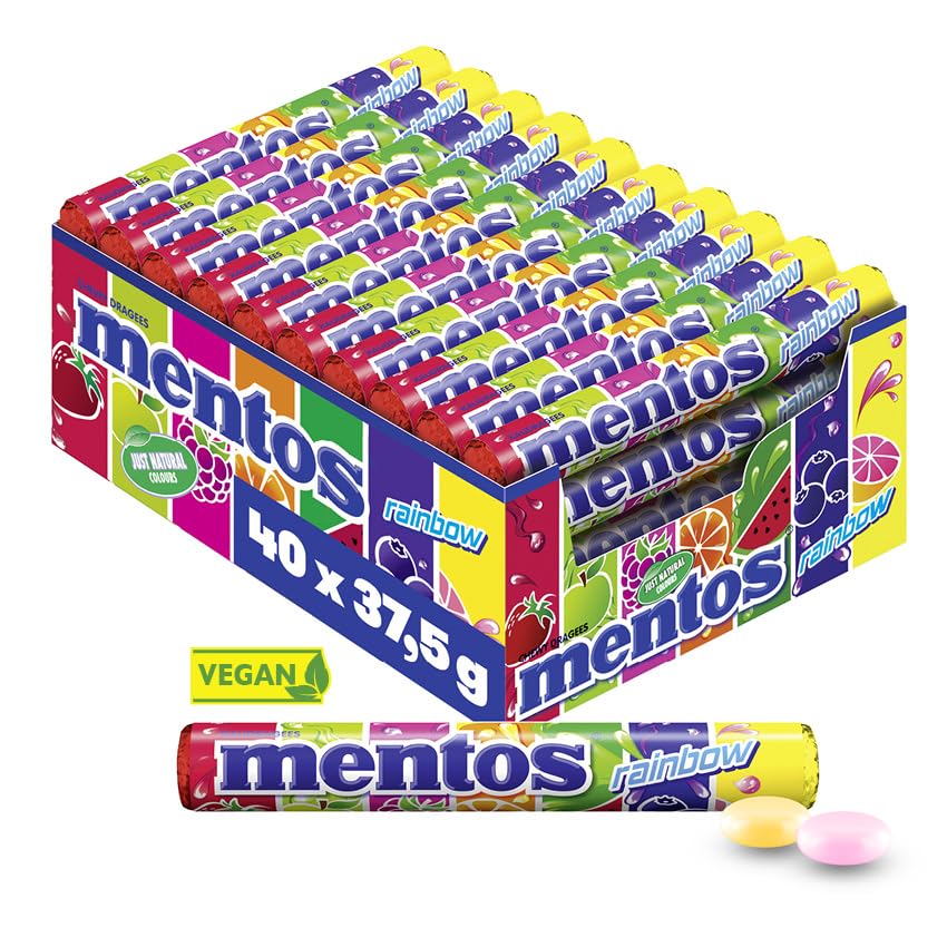 Mentos Rainbow Dragees, Frucht-Bonbons mit Orange, Erdbeer, Apfel, Heidelbeere, Himbeere, Melone & Grapefruit Geschmack, Süßigkeiten Multipack (40 Rollen), vegan