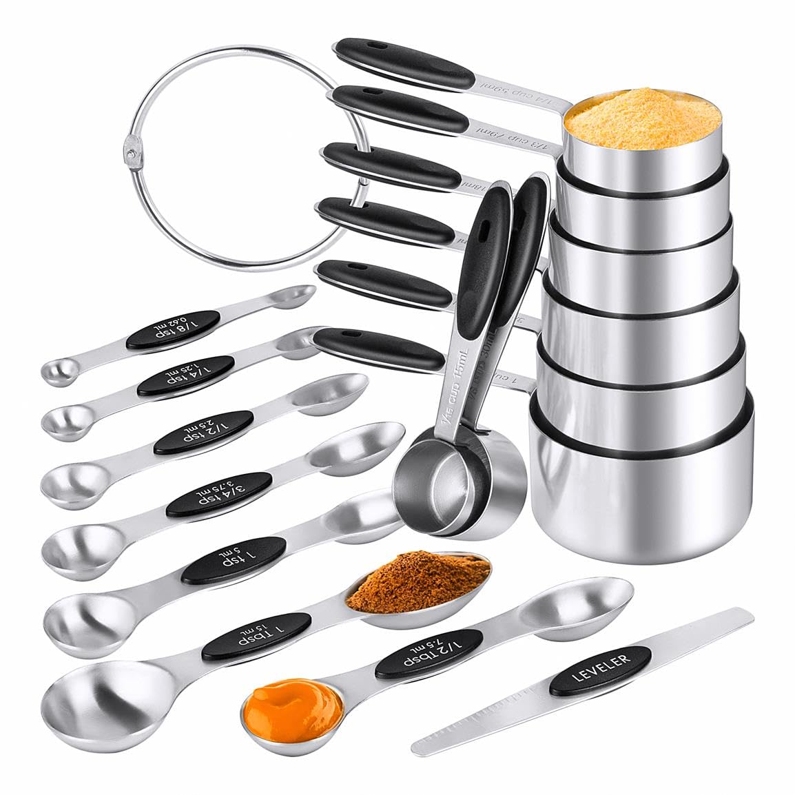 Measuring Cups & Spoons Set of 16, BOBIPRO Stainless Steel 8 Nesting Measure Cups Set & 7 double-sided Magnetic Measuring Spoons Set & 1 Leveler for Dry and Liquid Ingredient