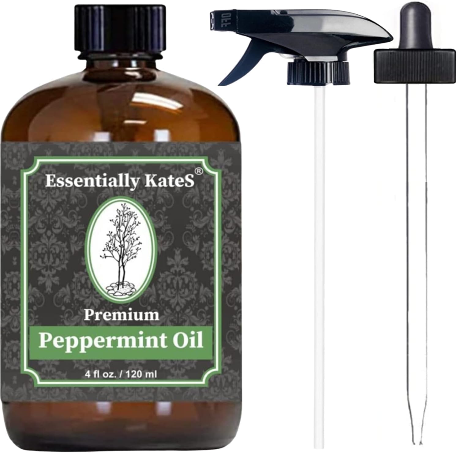 Peppermint Essential Oil 4 oz. with Huge Glass Bottle, Glass Dropper, and Sprayer. Detailed User’s Guide E-Book. Skin Care, Garden Care, and Hair Care.