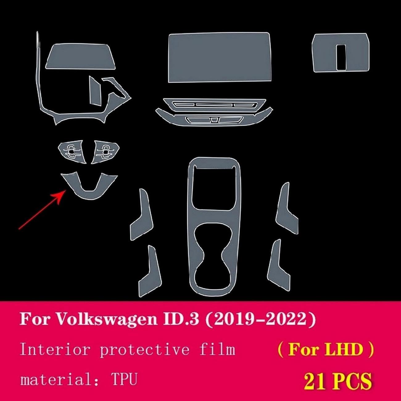 Folia ochronna TPU do wnętrza samochodu, do VW ID.3 (2019-2022) (, do LHD pełny zestaw/przezroczysty)