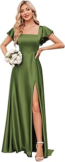 Satin Bridesmaid Dresses with Slit Square Neck Prom Dress Flutter Sleeve A Line Formal Evening Gowns for Women