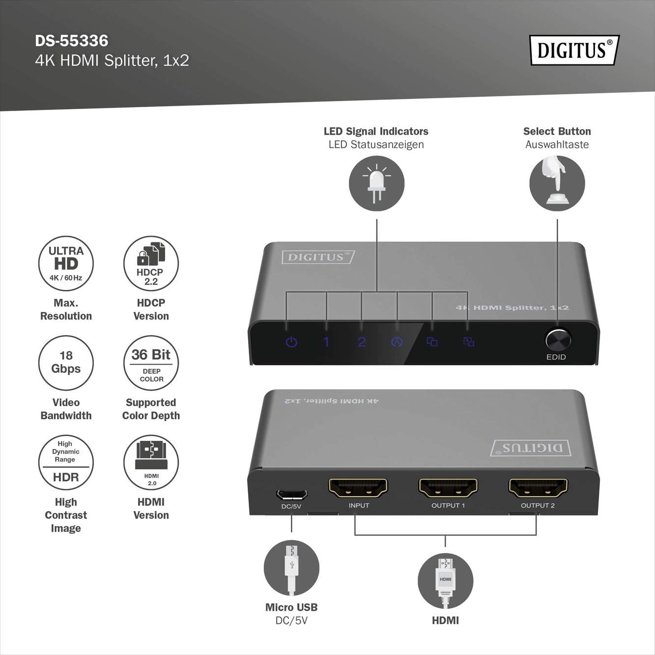 DIGITUS Divisor HDMI 1x2 – 1 Entrada, 2 Salidas – UHD 4K 60 Hz | HDMI 2.0 y HDCP 2.2 – HDR, Deep Color, conmutador EDID, DTS, Dolby Digital, LPCM