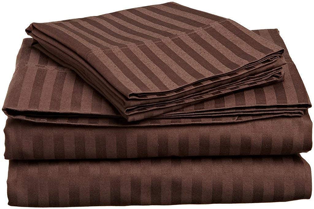 ACS Bedding 1500 Thread Count 100% Heavy Giza Cotton 4-Piece Bed Sheet Set Fits Mattresses Upto 10-12” Deep Pocket (Queen Size, Chocolate Color) Stripe Pattern