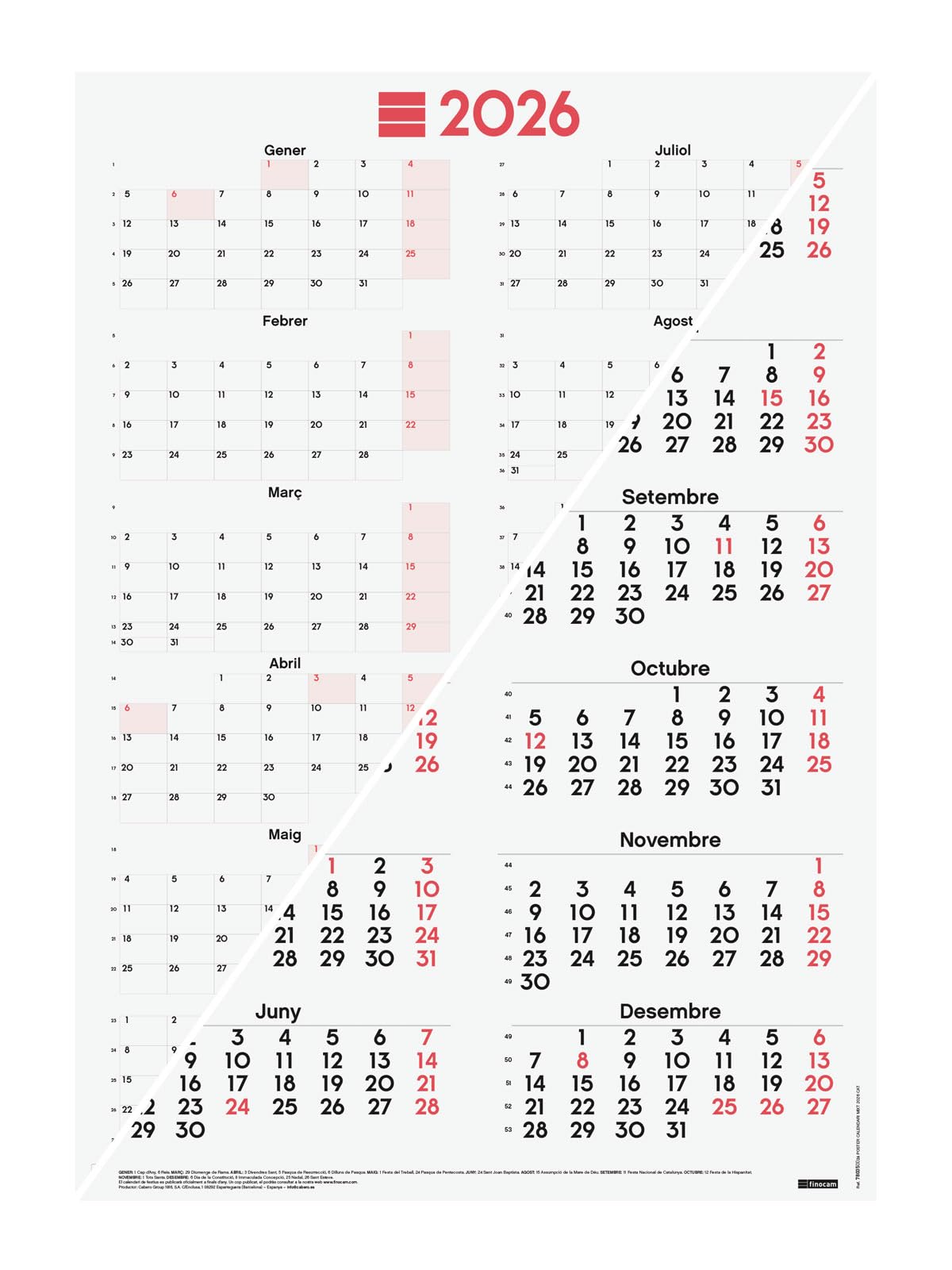 Finocam - Poster Calendar Mixed 2026 Year View January 2026 - December 2026 (12 months) Neutral Catalan