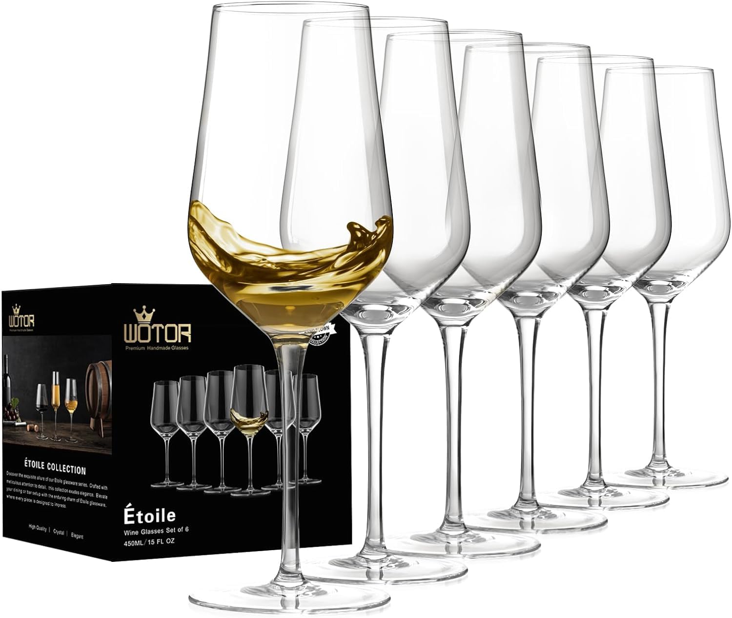 WOTORWhite Wine Glasses Set of 6, Hand Blown Crystal Wine Glasses with Long Stem, 15 oz Red and White Wine Glasses with Great Gift Packaging, Light, Large, Modern Wine Glasses (Clear)