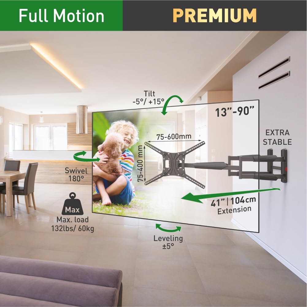 Barkan 104cm Lange TV Wandhalterung, 13-90 Zoll Doppelarm, Schwenkbar/Vollbewegung luxuriösen TV Halterung, hält bis 60Kg, Extra stabil, für LED OLED LCD, Max. VESA 600x400