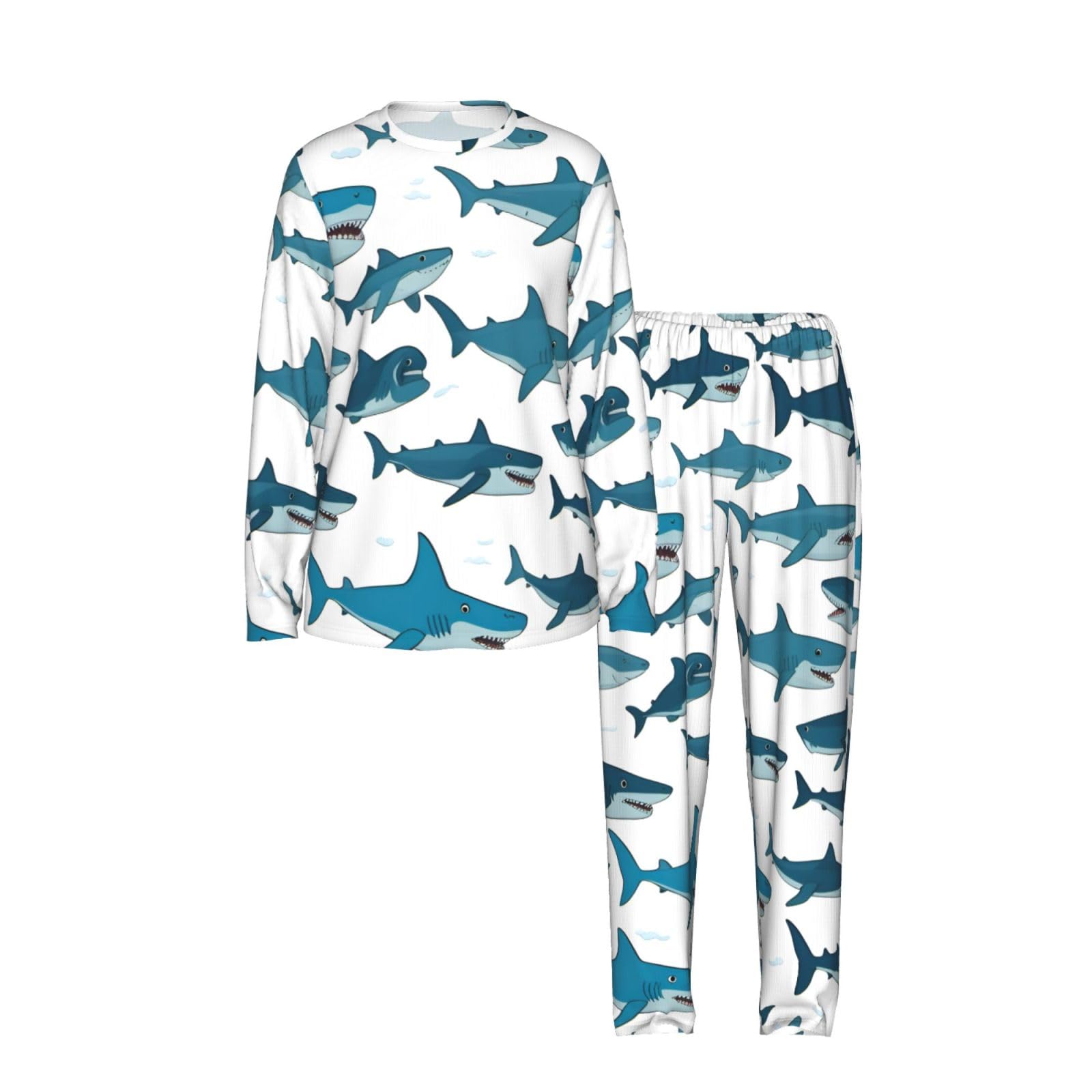 Pigiama da donna a maniche lunghe con stampa di squalo con vari gesti, morbido pigiama da spiaggia, vacanze, biancheria da notte, regalo casual