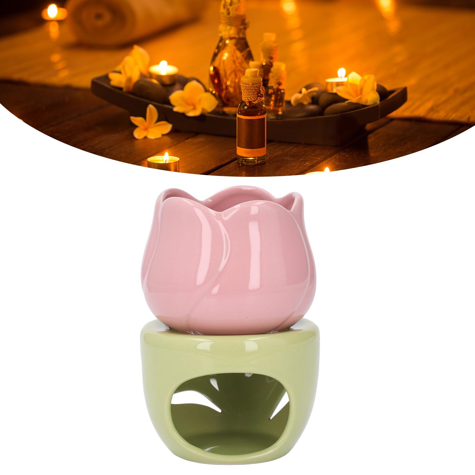 Kominek na Olejki Eteryczne do Topienia Wosku, Ceramiczny Palnik do Aromaterapii w Kształcie Różowego Kwiatu z Zielonym Stojakiem świecznik do Użytku w Domowym Biurze