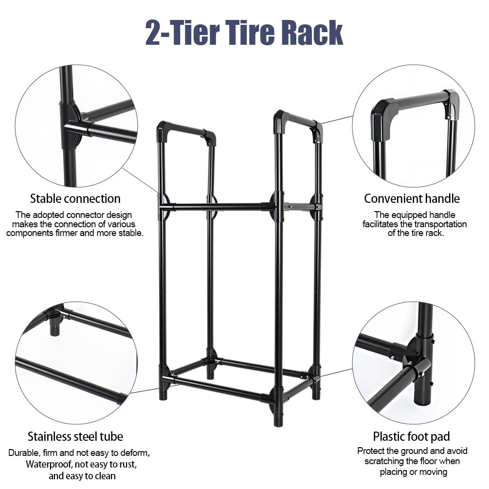 BAOYOUNI Supporto per 4 pneumatici o cerchioni, 2 livelli in acciaio, salvaspazio, per garage, cantina, officina, 57,2 x 37,3 x 114,6 cm, nero