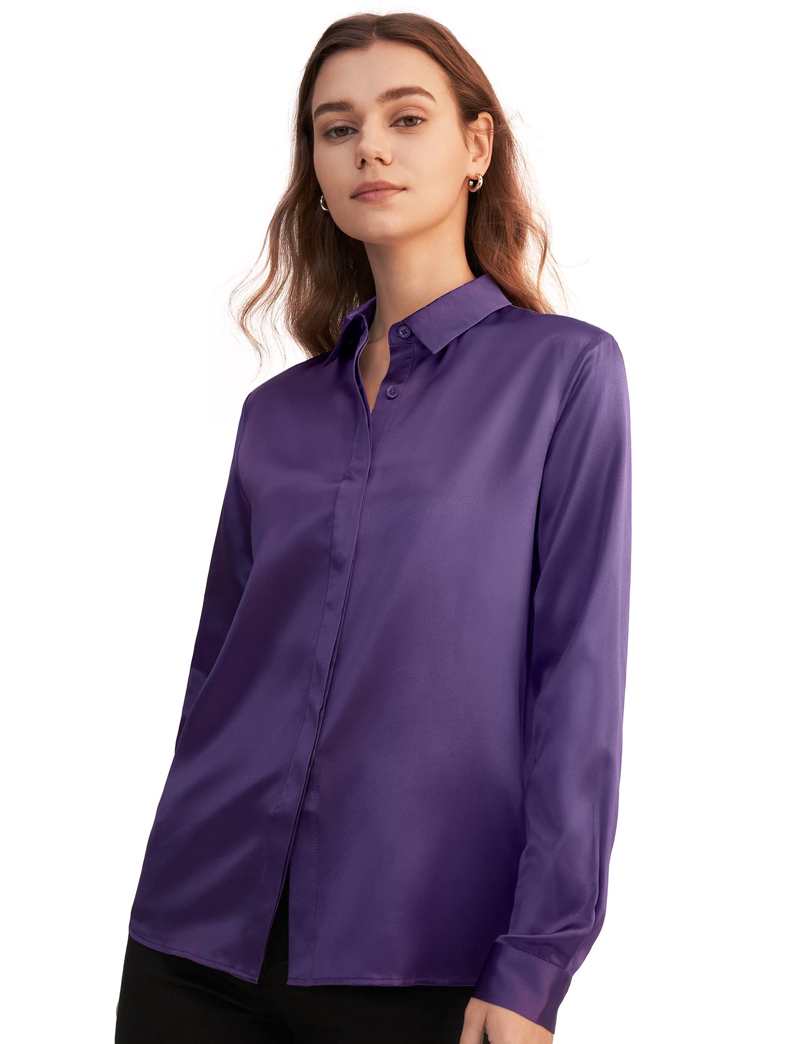 LilySilk Damen Hemdbluse Seide Elegant Sommerliche Damenbluse Shirt mit Verdeckter Knopfleiste von 22 Momme Oberteile Business Verpackung MEHRWEG M Violett