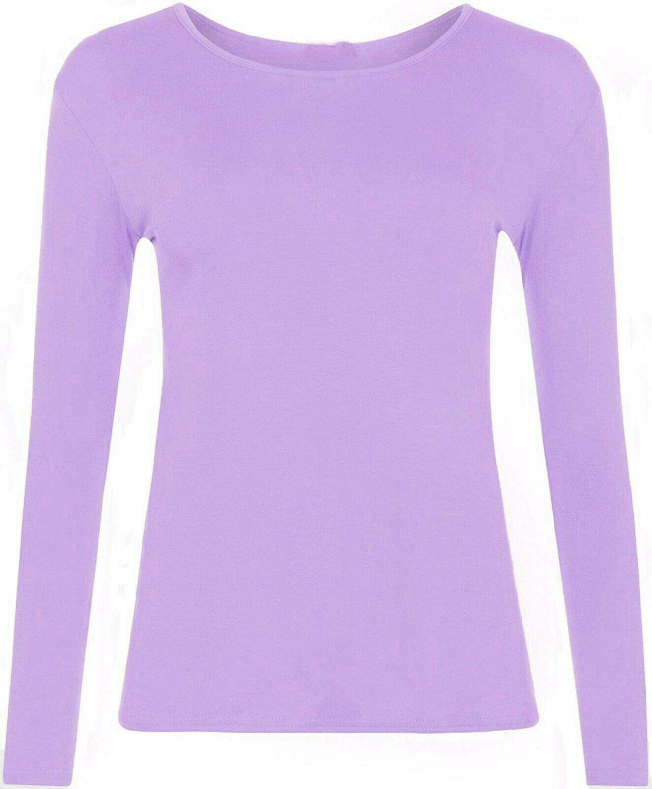 Ladies Women Basic Long Sleeve Plain Round Neck Ladies Stretch Plus Size Top T Shirt (Lilac, XXL)