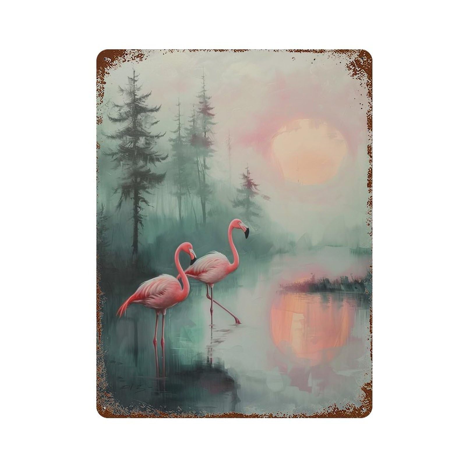 Rust Effect Pink Flamingos at Sunset Distressed Metal Wall Sign 15.7"x11.8", Decorative Metal Wall Art for Living Room, Hallway And Home Decor