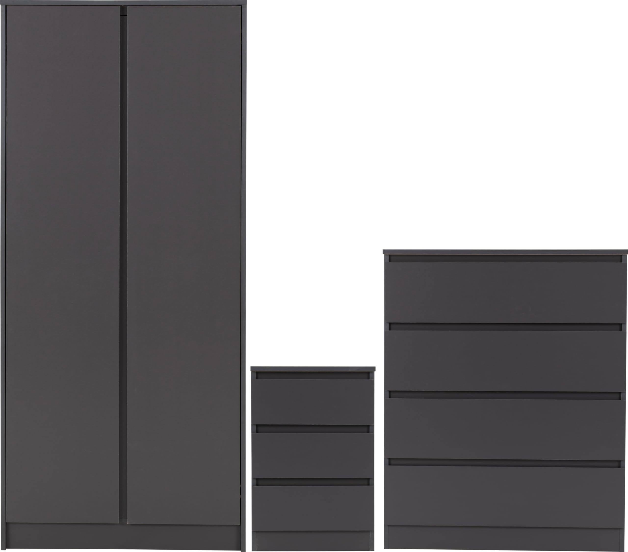 Seconique Malvern Trio Bedroom Set - Grey - 2 Door Wardrobe, 3 Drawer Bedside, 4 Drawer Chest