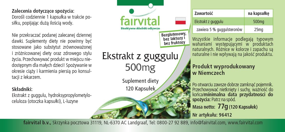 fairvital Extrait de guggul 500mg, 120 gélules, 5% de guggulstérones, qualité certifiée et hautement dosé, 100% végétalien, fabriqué en Allemagne